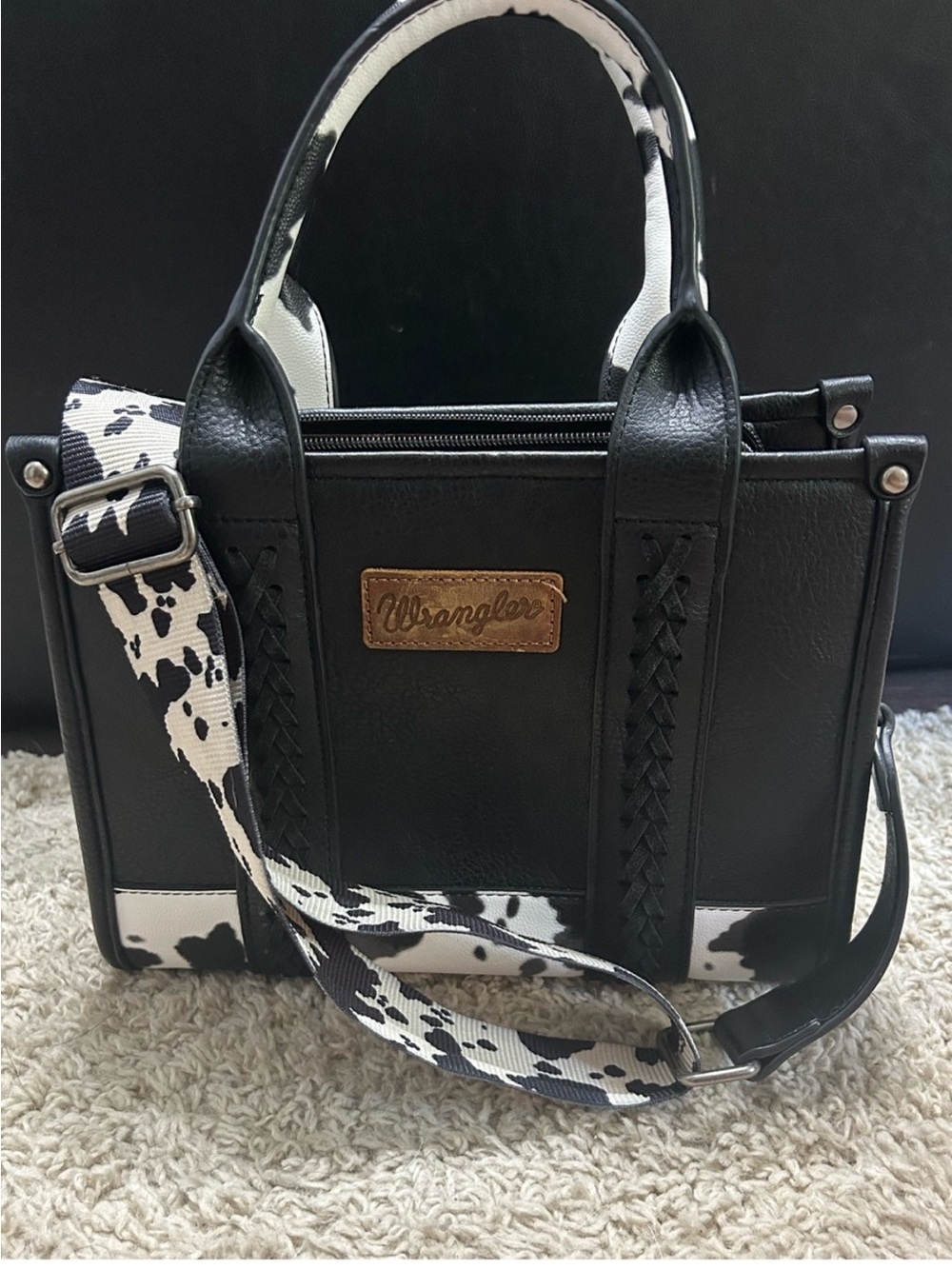 Wrangler Black and White Cow print Tote with Cow Print Strap